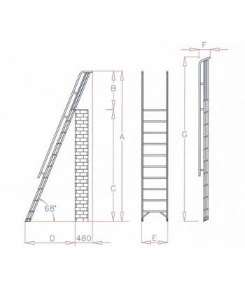 Escalera de apoyo de acceso con desembarco y peldaños de 10 cm e inclinación de 68 ° Escalera de apoyo de acceso con desembarco y peldaños de 10 cm e inclinación de 68 °