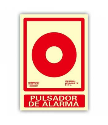 Señal para indicar la ubicación de un pulsador de alarma, realizada en aluminio con dibujo y rótulo del pulsador