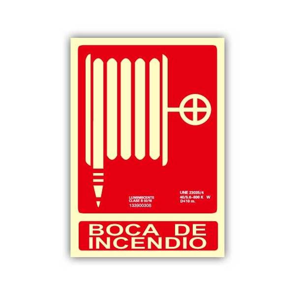 Señal de boca de incendios con dibujo y rótulo de la misma fabricada en aluminio fotoluminiscente