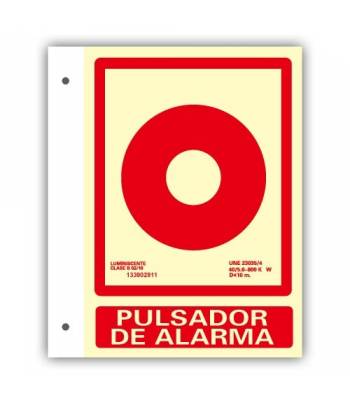 Banderola fabricada en material de aluminio, con dibujo y rótulo, señalizadora de pulsador de alarma.