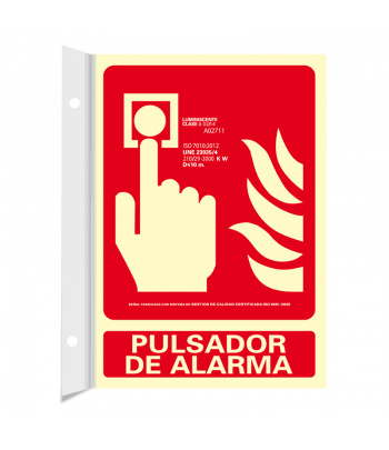 Señal fotoluminiscente tipo banderola de pulsador de alarma en Clase A.