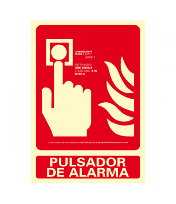 Señal rectangular de pulsador de alarma (pictograma + texto) en fotoluminiscencia Clase A