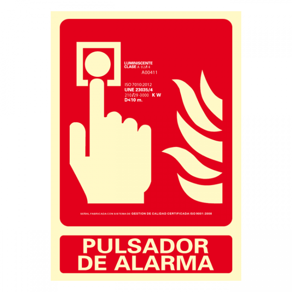 Señal rectangular de pulsador de alarma (pictograma + texto) en fotoluminiscencia Clase A