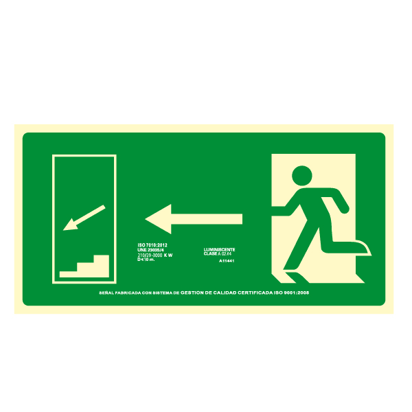 Señal de PVC horizontal para ubicar y señalizar la salida hacia las escaleras de bajada a la izquierda.