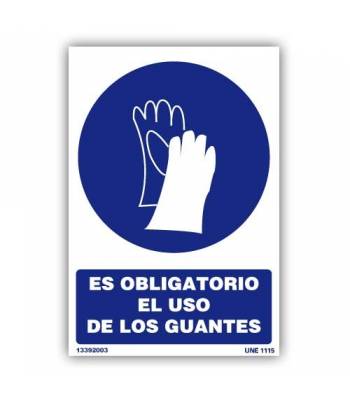 Señal rectangular de obligación que informa del uso obligatorio de guantes de seguridad.