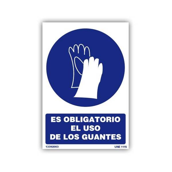 Señal rectangular de obligación que informa del uso obligatorio de guantes de seguridad.