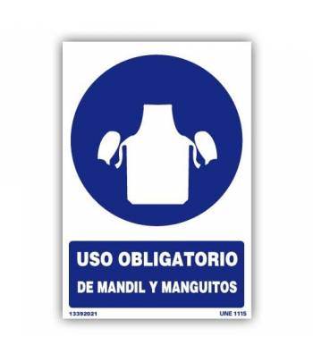 Señal indicativa para el uso obligatorio de mandil y manguitos en ciertas actividades para la prevención de accidentes y daños.