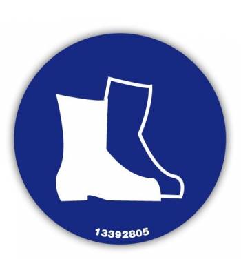 Señal indicativa de uso obligatorio de botas de seguridad. La señal es circular de 9 cm de diámetro.