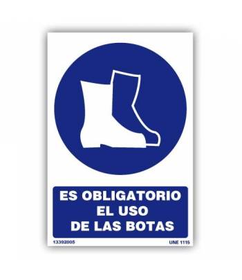 Señal indicativa, con rótulo y pictograma, del uso obligatorio de botas para la prevención de riesgos y accidentes.