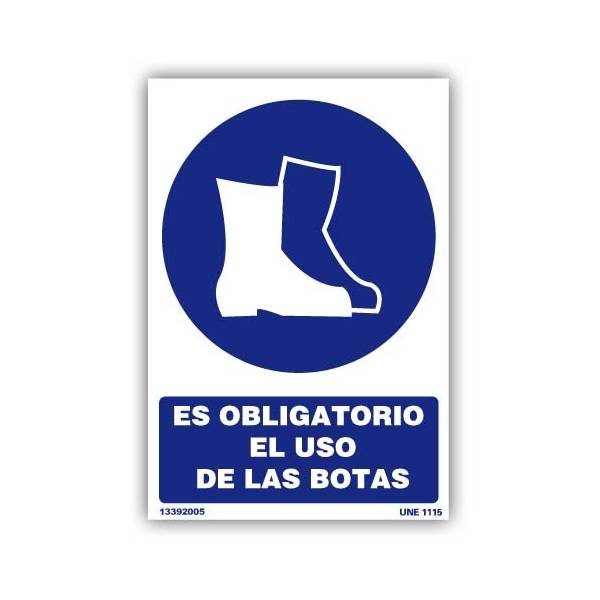 Señal indicativa, con rótulo y pictograma, del uso obligatorio de botas para la prevención de riesgos y accidentes.