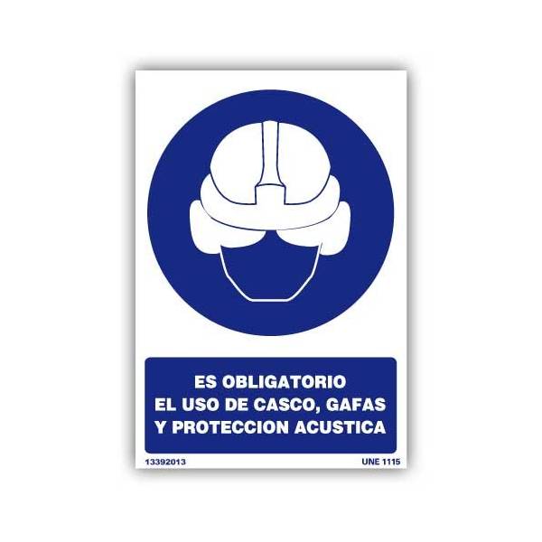 Señal con pictograma y rótulo explicativos para el uso obligatorio de casco, gafas y protección acústica.