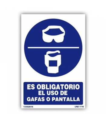 Señal indicativa del uso obligatorio de gafas o pantalla protectoras, con pictograma y rótulo