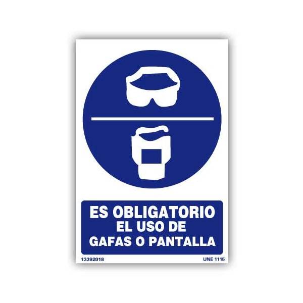 Señal indicativa del uso obligatorio de gafas o pantalla protectoras, con pictograma y rótulo