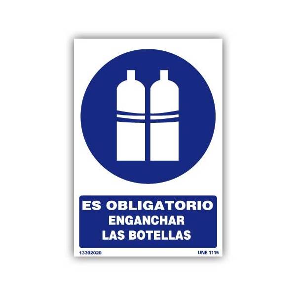 Señal indicativa de enganchar las botellas obligatoriamente, con pictograma y rótulo explicativos.