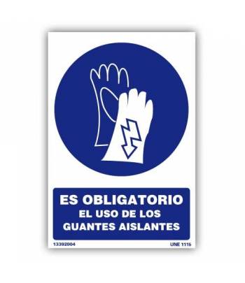 Señal indicativa del uso obligatorio de guantes aislantes para el manejo de maquinaria o elementos con corriente eléctrica.