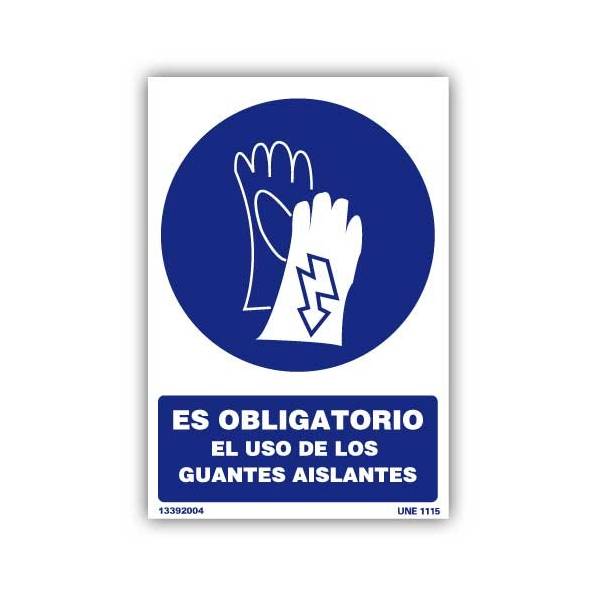 Señal indicativa del uso obligatorio de guantes aislantes para el manejo de maquinaria o elementos con corriente eléctrica.