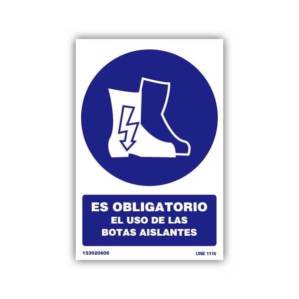 Señal indicativa del uso obligatorio de botas aislantes por la existencia de riesgo por corriente eléctrica en el suelo.