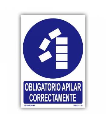 Señal indicativa de obligación de apilar correctamente para no correr riesgo de caída de objetos.