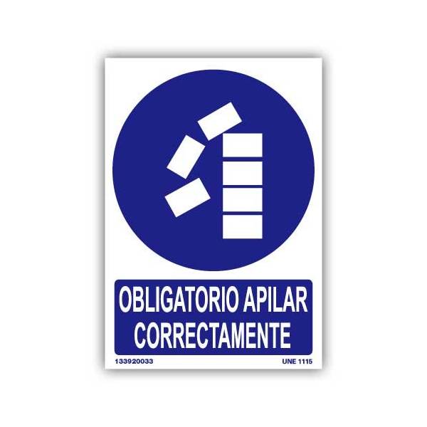 Señal indicativa de obligación de apilar correctamente para no correr riesgo de caída de objetos.