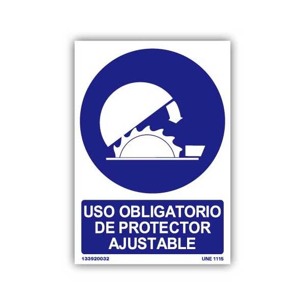 Señal indicativa de uso obligatorio de protector ajustable, con pictograma y rótulo explicativos