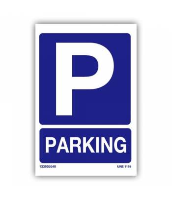 Señal, con rótulo y pictograma explicativos, para indicar la ubicación de aparcamiento
