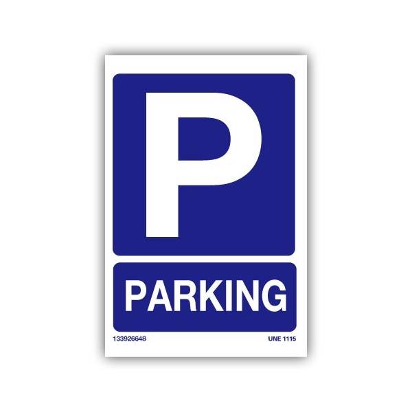 Señal, con rótulo y pictograma explicativos, para indicar la ubicación de aparcamiento