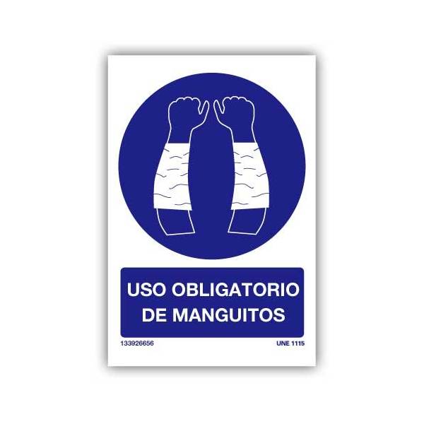 Señal indicativa de uso obligatorio de manguitos para protección de brazos. Cuenta con pictograma y rótulo explicativos.