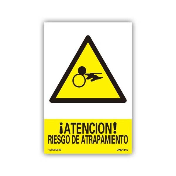 Su pictograma y texto avisan del peligro de riesgo de atrapamiento de manos o partes del cuerpo.