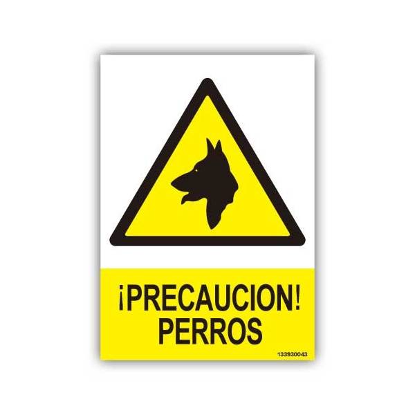 Advertencia, con pictograma y rótulo explicativos que avisa de perros guardando unas instalaciones Advertencia, con pictograma y rótulo explicativos que avisa de perros guardando unas instalaciones