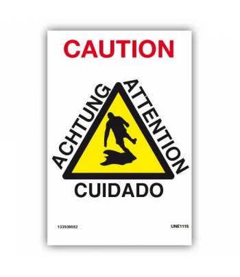 Señal de advertencia de "cuidado". Formato internacional en varios idiomas (castellano, inglés y alemán).