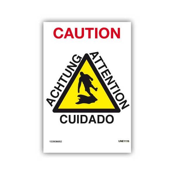 Señal de advertencia de "cuidado". Formato internacional en varios idiomas (castellano, inglés y alemán).