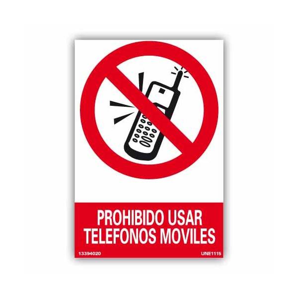 Señal rectangular que indica la prohibición utilizar el teléfono móvil.