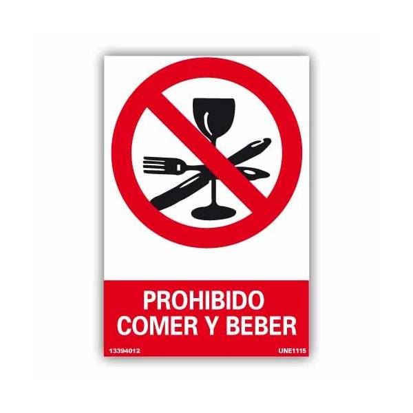 Señal rectangular que indica la prohibición comer o beber en la zona o instalaciones.