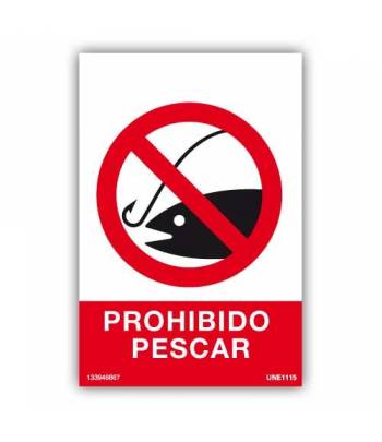 Señal para acotar las zonas prohibidas para la pesca, con rótulo y pictograma explicativos.