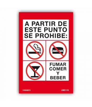 Señal indicativa de prohibido, a partir del punto señalizado, de fumar, beber y comer