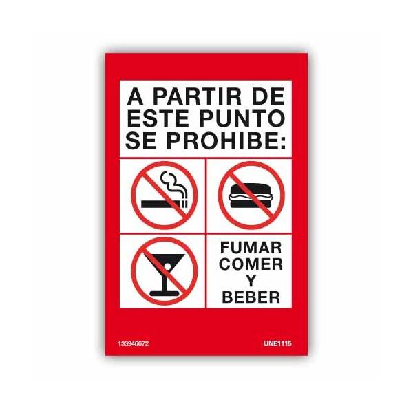 Señal indicativa de prohibido, a partir del punto señalizado, de fumar, beber y comer