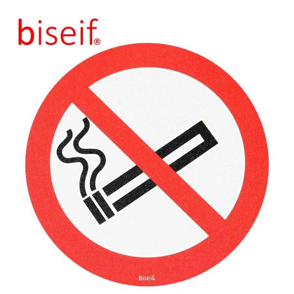 Señal de prohibido fumar diseñada para ser colocada en el suelo. Está fabricada en PVC rugoso