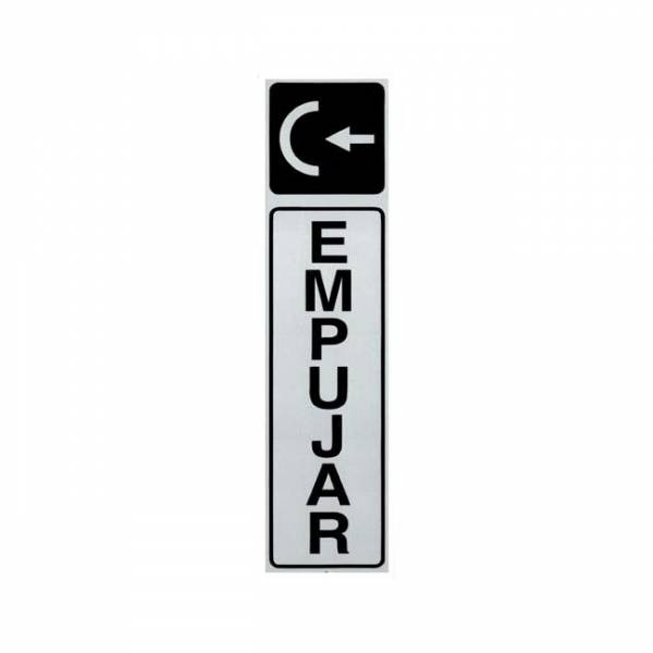 Señal informativa de aluminio en formato rectangular vertical con texto y pictograma para indicar que hay que empujar. Señal informativa de aluminio en formato rectangular vertical con texto y pictograma para indicar que hay que empujar.