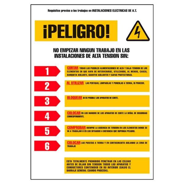 Señal de PVC de 1mm que establece los requisitos previos a los trabajos en instalaciones eléctricas de alta tensión.