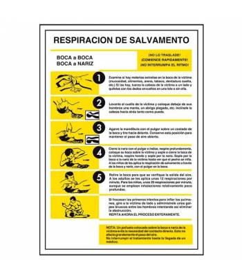 Señal fabricada en PVC de 1mm que establece los 5 pasos a seguir en caso de tener que realizar una respiración de salvamento.