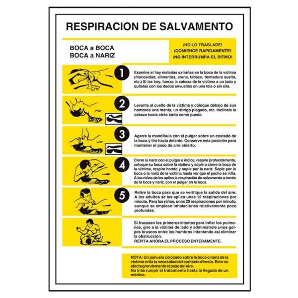 Señal fabricada en PVC de 1mm que establece los 5 pasos a seguir en caso de tener que realizar una respiración de salvamento.