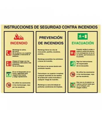 Señal de 1mm fabricada en PVC que indica las instrucciones de seguridad a seguir en caso de incendios.