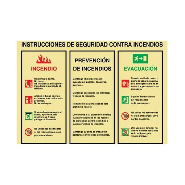 Señal de 1mm fabricada en PVC que indica las instrucciones de seguridad a seguir en caso de incendios.