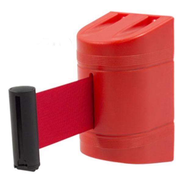 Soporte a pared con cinta retráctil roja de 2,1m de longitud. Soporte a pared con cinta retráctil roja de 2,1m de longitud.