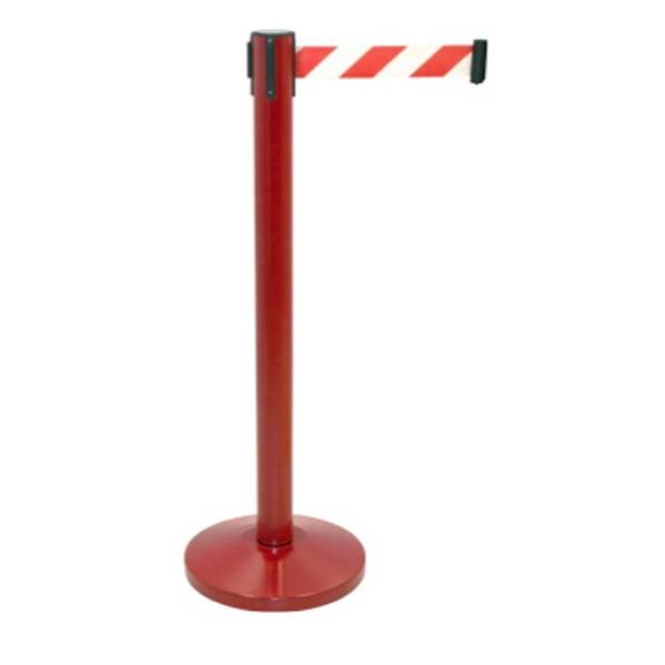 Poste separador fabricado en acero pintado en color rojo con cinta retráctil blanca y roja.