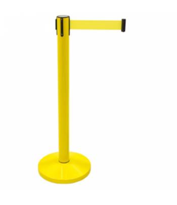Poste delimitador fabricado en acero pintado en amarillo con cinta retráctil de 2m Poste delimitador fabricado en acero pintado en amarillo con cinta retráctil de 2m
