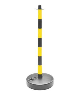 Poste separador para cadena amarillo y negro. Fabricado en PVC con base rellenable con agua o arena para mayor estabilidad.