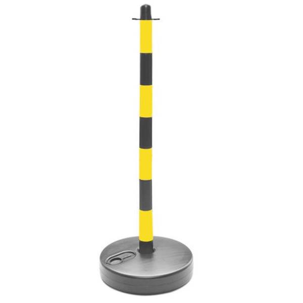 Poste separador para cadena amarillo y negro. Fabricado en PVC con base rellenable con agua o arena para mayor estabilidad.