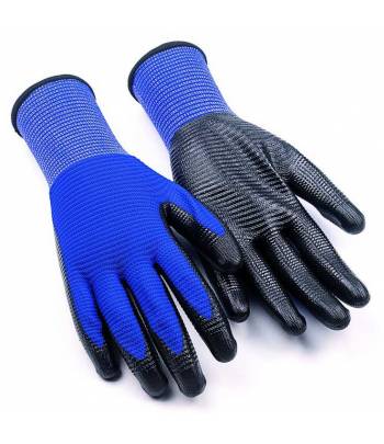 Guante de trabajo Tomás Bodero con soporte de poliéster azul cubierto en palma con nitrilo negro.