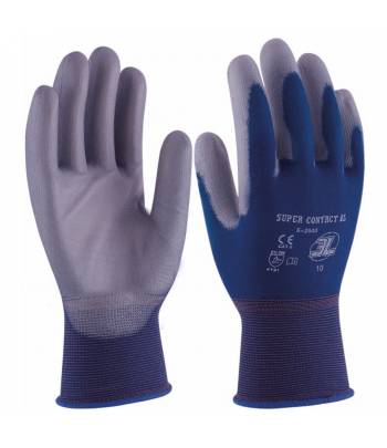Guante de protección con soporte de nylon azul sin costuras con la palma cubierta en poliuretano gris.